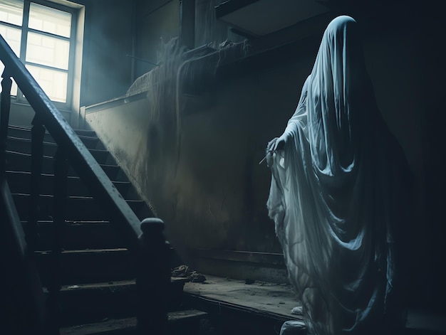 Donna fantasma spaventosa in casa abbandonata infestata sfondo di Halloween