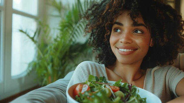 Donna felice che assapora l'insalata fresca di casa