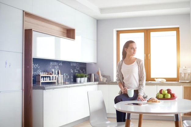 Donna felice che beve il tè in cucina a casa