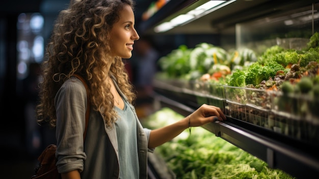 donna felice che compra generi alimentari prodotti idroponici sani verdi nel negozio del supermercato