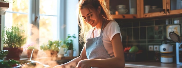 Donna felice che cucina in una cucina luminosa