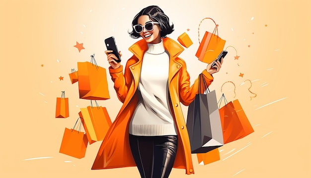 donna felice che fa shopping dal telefono con lo sconto del Black Friday per lo shopping online