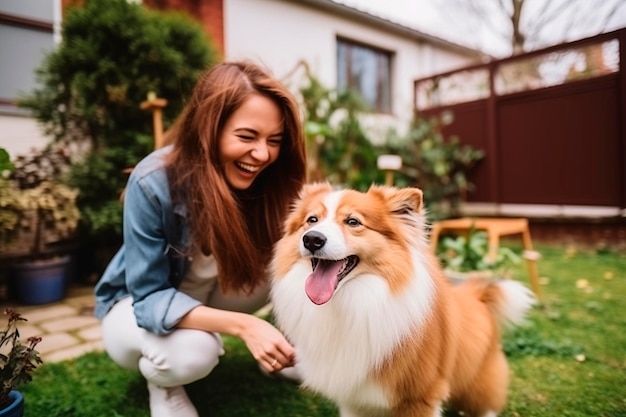 Donna felice che gioca e si diverte con il cane fuori da casa sua