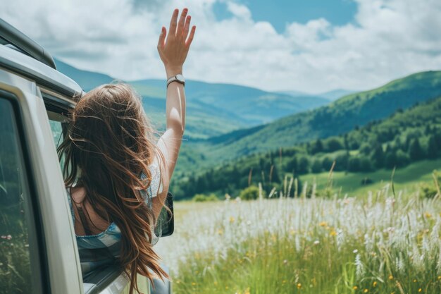 Donna felice che gode del viaggio in macchina aperta