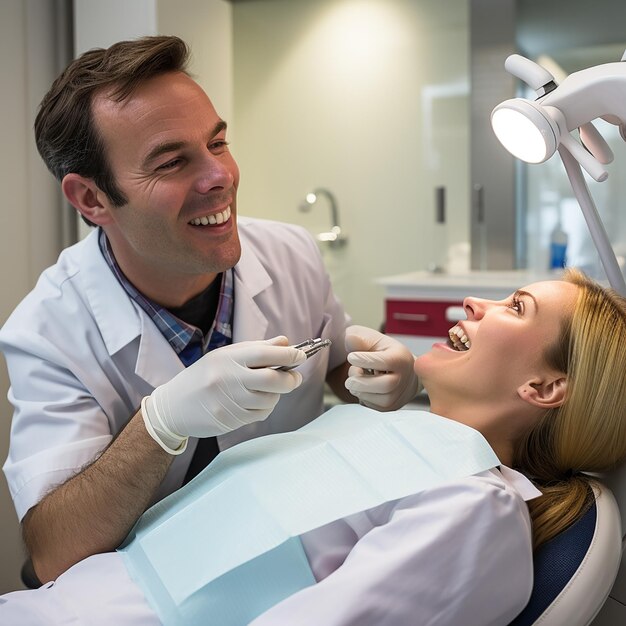 Donna felice che ottiene il controllo dentale all'odontoiatria Dentista che utilizza l'attrezzatura dentale per l'esame