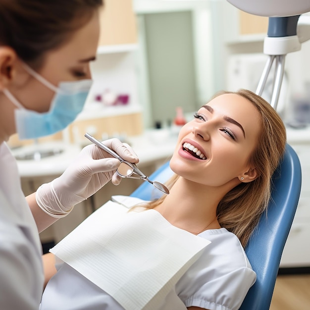 Donna felice che ottiene il controllo dentale all'odontoiatria Dentista che utilizza l'attrezzatura dentale per l'esame