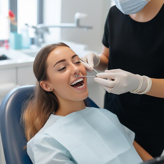 Donna felice che ottiene il controllo dentale all'odontoiatria Dentista che utilizza l'attrezzatura dentale per l'esame