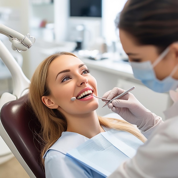 Donna felice che ottiene il controllo dentale all'odontoiatria Dentista che utilizza l'attrezzatura dentale per l'esame