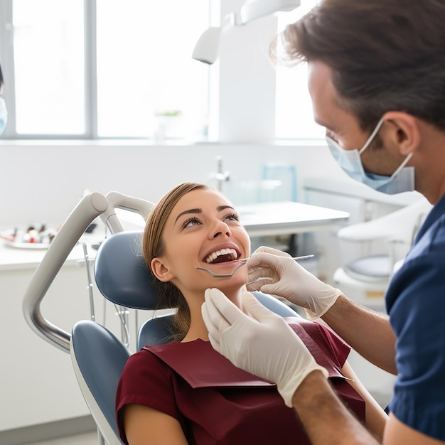 Donna felice che ottiene il controllo dentale all'odontoiatria Dentista che utilizza l'attrezzatura dentale per l'esame