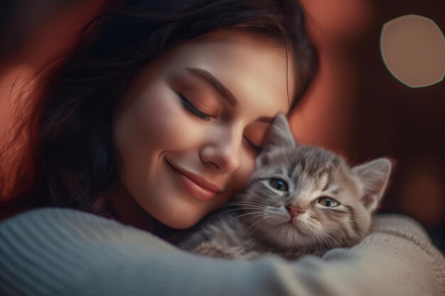 donna felice che si rilassa e si prende cura del gattino in casa Giornata internazionale del gatto