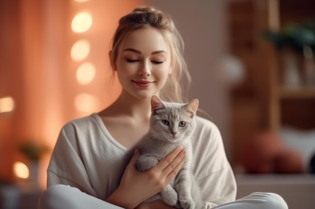 donna felice che si rilassa e si prende cura del gattino in casa Giornata internazionale del gatto
