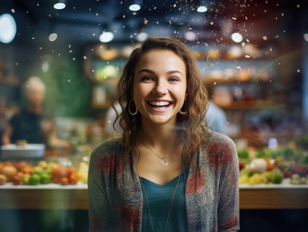 Donna felice che sorride con le immagini dietro il cibo sano salute