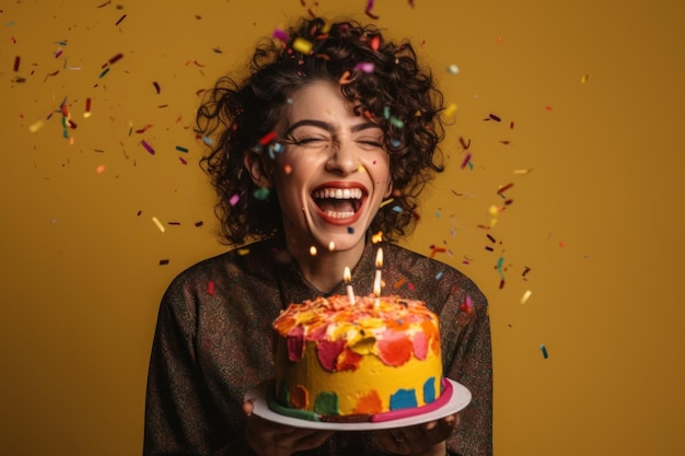 donna felice che tiene una grande torta di compleanno con le candele con i coriandoli che sorridono