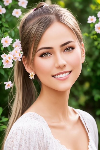 Donna felice con bei capelli sullo sfondo di un giardino fiorito IA generativa