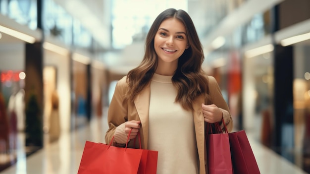 Donna felice con i sacchetti della spesa variopinti