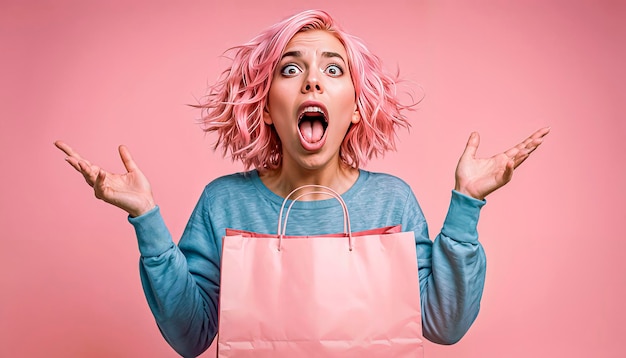 Donna felice con le borse della spesa dopo la spesa Donna con la spesa in rosa