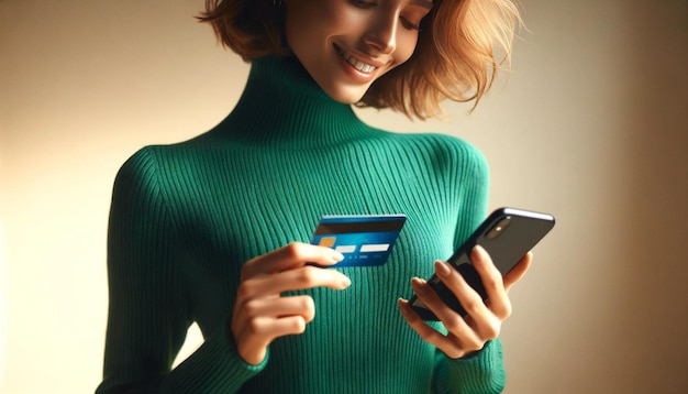 Donna felice con smartphone e carta di credito