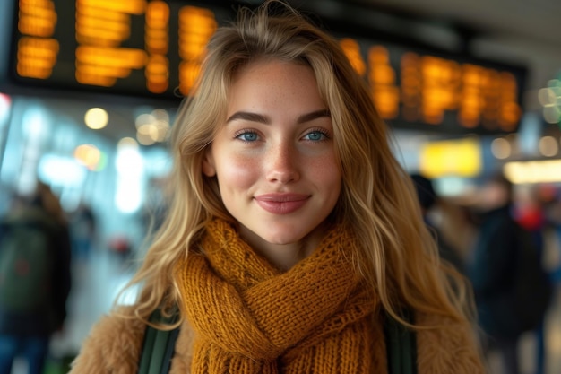 Donna felice davanti al cartello informativo alla stazione ferroviaria guardando la telecamera