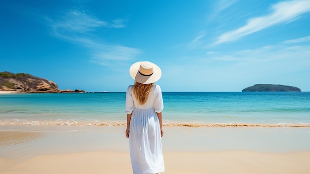 Donna felice del viaggiatore in vestito bianco e cappello in piedi