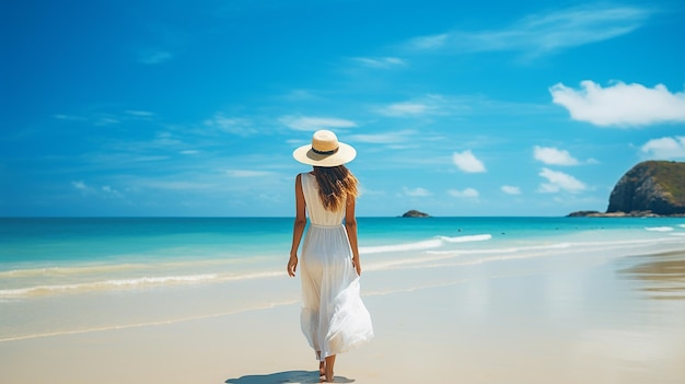 Donna felice del viaggiatore in vestito bianco e cappello in piedi