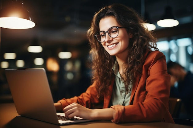 Donna felice di affari che lavora al suo computer portatile Ai generativo