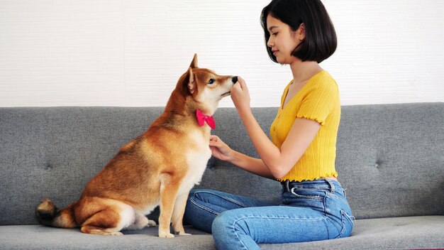 Donna felice e cane shiba inu seduti insieme su un divano a casa