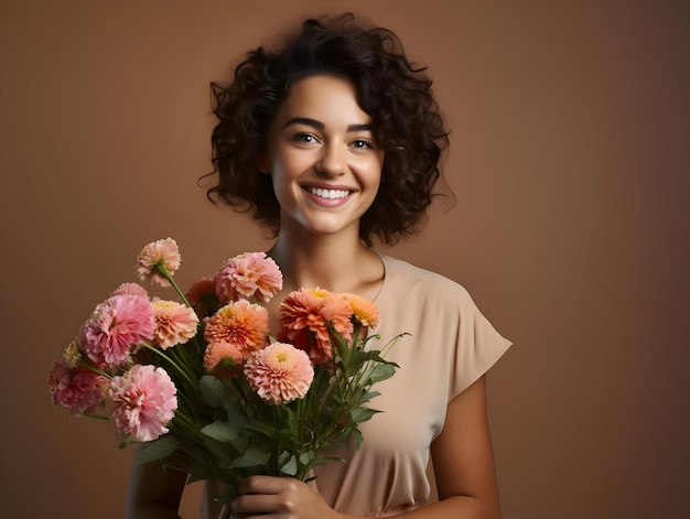 Donna felice e sorridente con un bouquet su uno sfondo monocolor ad alta risoluzione