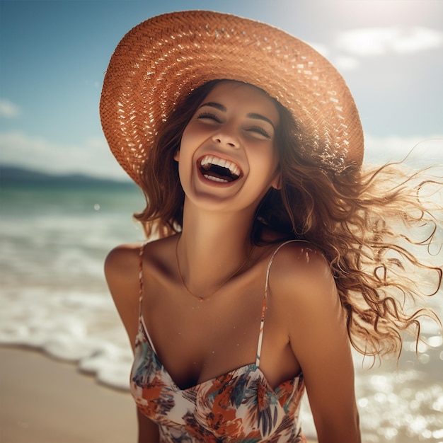 Donna felice e sorridente in spiaggia