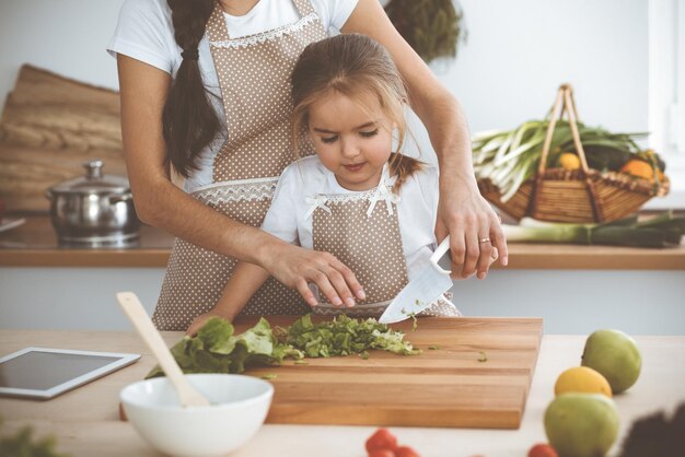 Donna felice e sua figlia che preparano una sana insalata vegana e spuntini per la festa della famiglia Natale Capodanno Ringraziamento Anniversario Festa della mamma Pasto sano concetto di cucina