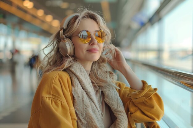 donna felice in abiti luminosi e comodi e cuffie all'aeroporto usando uno smartphone generato da AI