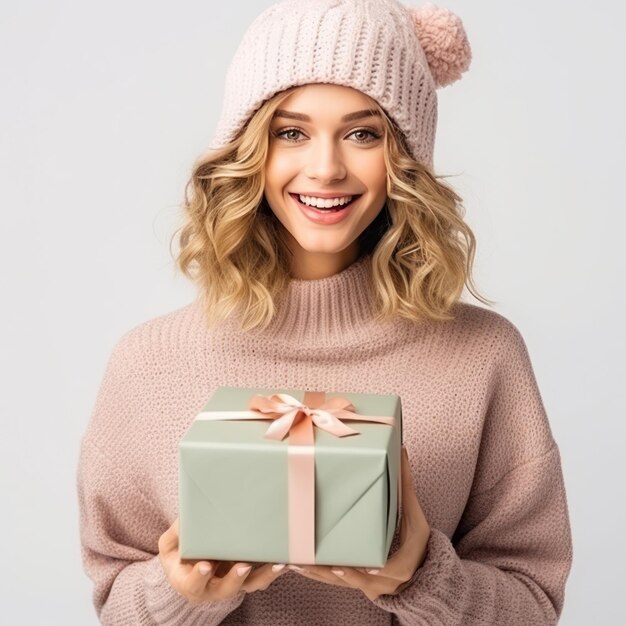 Donna felice in cappello lavorato a maglia con scatola regalo isolata