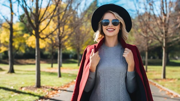 Donna felice indossa un cappotto elegante e un cappello nero che posa con gli occhiali da sole in un soleggiato giorno d'autunno