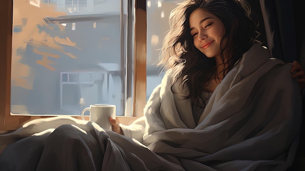 donna felice seduta sul divano coperta da una coperta grigia con una tazza di caffè