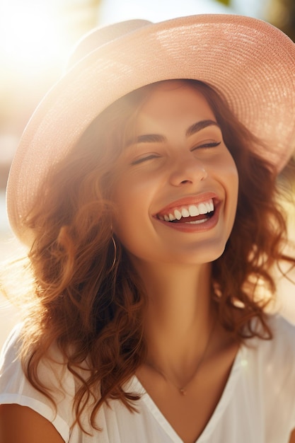 Donna felice sorridente nel riflesso del sole Ritratto di una bella signora che guarda con un sorriso