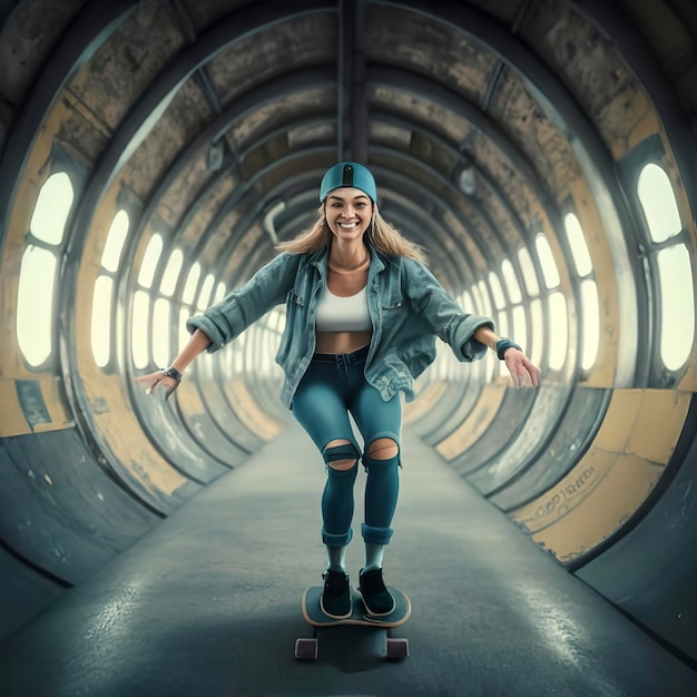 Donna felice su uno skateboard in uno spazio virtuale del tunnel Concetto sportivo del Metaverso