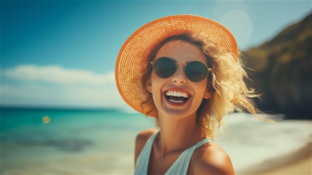 Donna felice sulla spiaggia con gli occhiali da sole e il cappello Vacanze estive e viaggi
