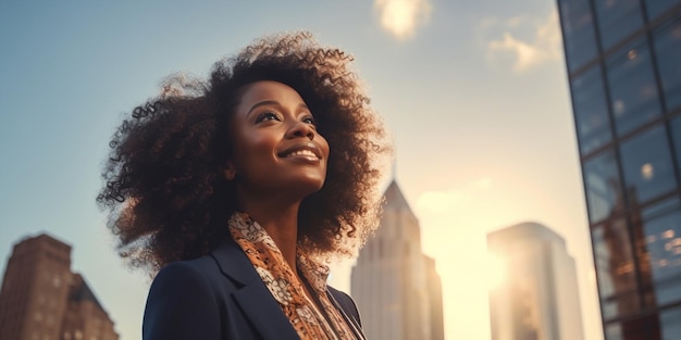Donna felicità africana attraente felice ricci dall'aspetto nero viso capelli signora adulto fuori all'aperto ritratto americano giovane femmina allegra persona afro moda stile di vita bellezza