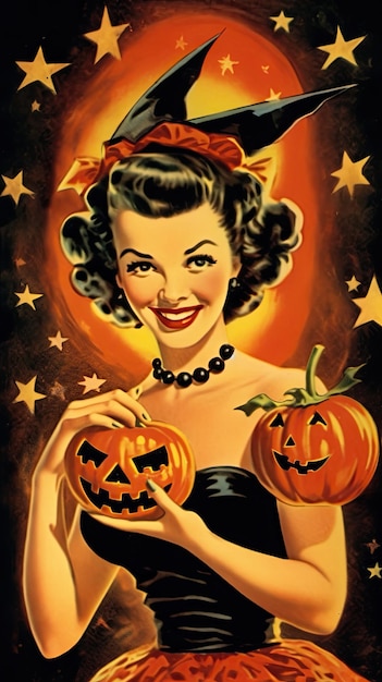 donna femmina strega vintage retro libro cartolina illustrazione anni '50 spaventoso costume di halloween sorriso