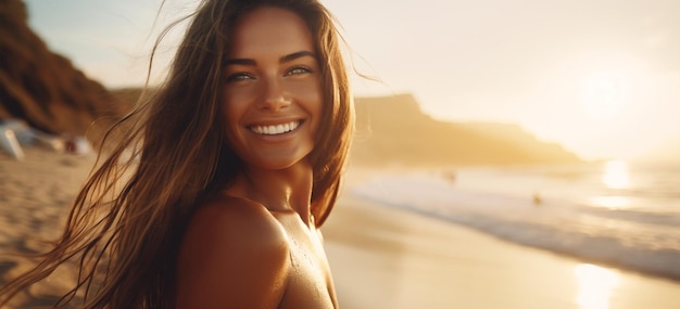 Donna femminile che ride fuori tramonto attraente tavola da surf pelle estate felice surf sorriso ritratto stile di vita