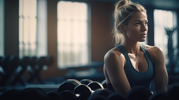 donna fitness seduta sul manubrio in allenamento in palestra con le braccia tese sopra la finestra