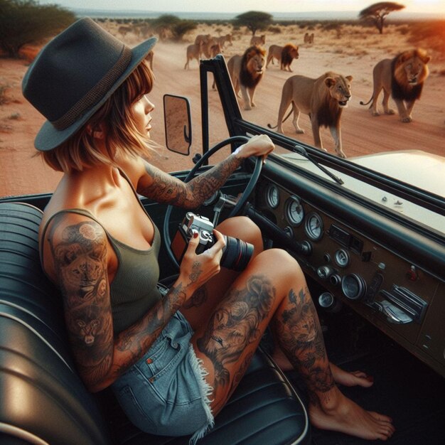 donna fotografa reporter freelance viaggio in africa in jeep vintage fotografia leone tramonto sul lago