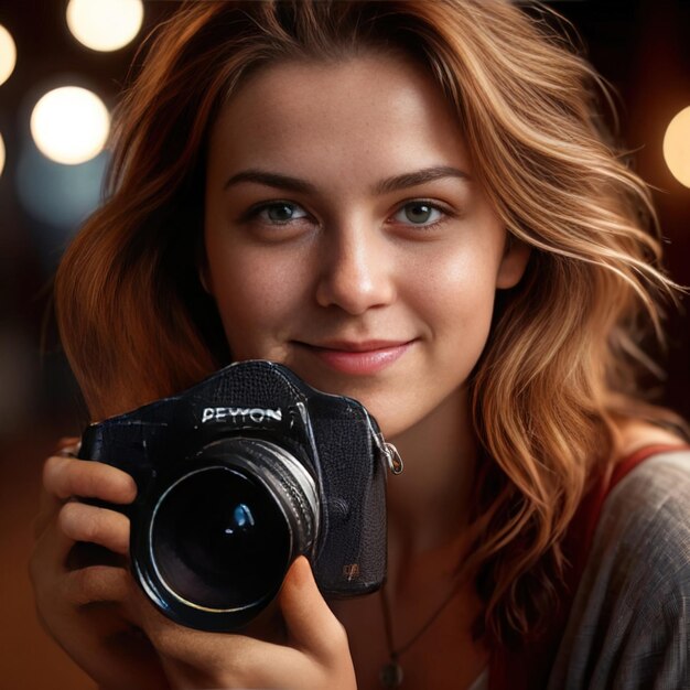 donna fotografo con la macchina fotografica sorridente
