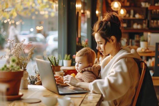 Donna freelance che lavora in un caffè con un bambino