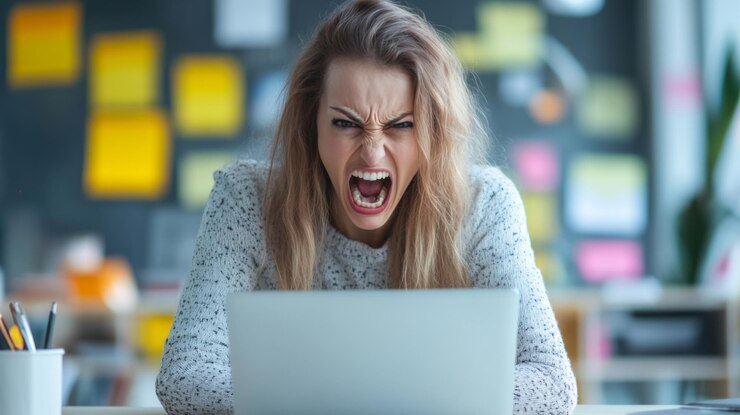 Donna frustrata al portatile