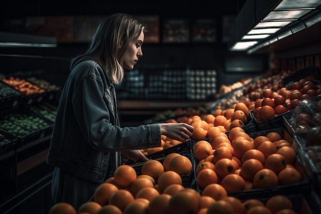Donna frutta comprare cibo notte fare la spesa mercato ortofrutticolo negozio sano IA generativa