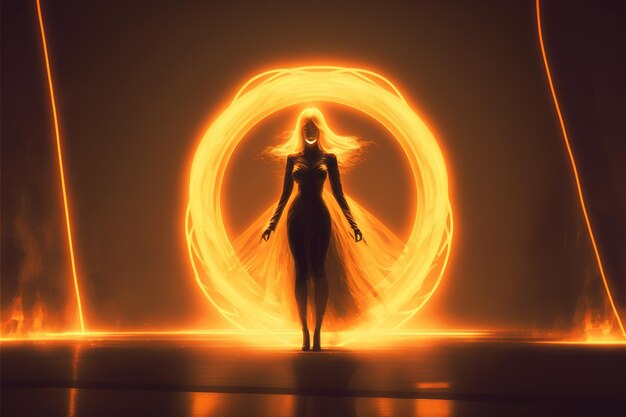 Donna futuristica in piedi nel cerchio di luce stile arte digitale illustrazione pittura concetto di fantasia di una donna vicino al portale