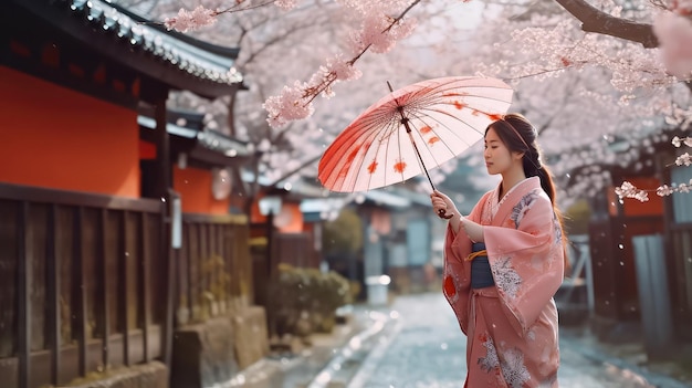 Donna giapponese che indossa kimono tradizionale a piedi nella città vecchia di Kyoto con ombrello sotto la fioritura di sakura