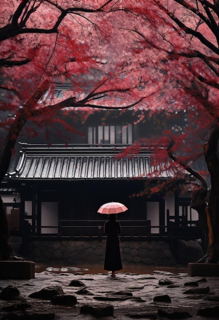 Donna giapponese con un ombrello davanti a un ciliegio rosso in un tempio