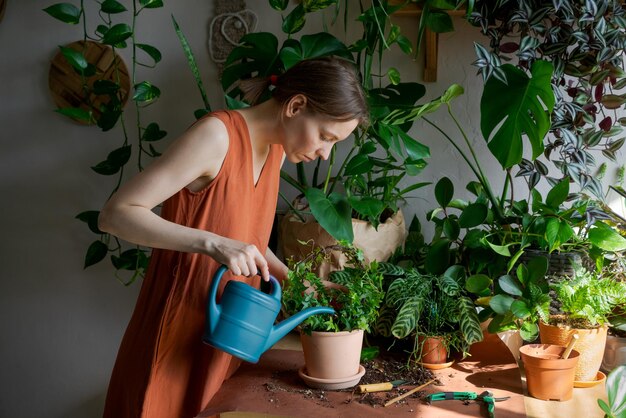 Donna giardinieri pianta di irrigazione in vasi di ceramica sul tavolo Concetto di giardino domestico
