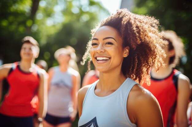 Donna gioiosa che balla in una lezione di fitness con gli altri